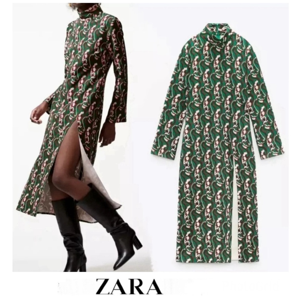 ZARA Floral Green Multicolor Print Front Slit Long Sleeves Midi Dress Sz L